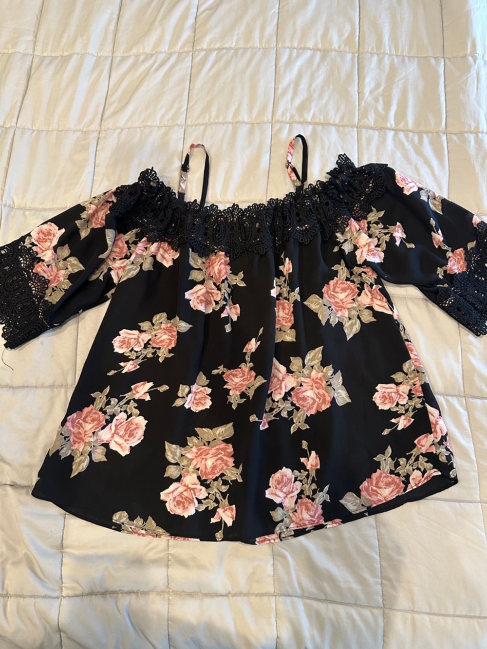 Iz Byer Black Off-Shoulder Floral Blouse with Pink Roses